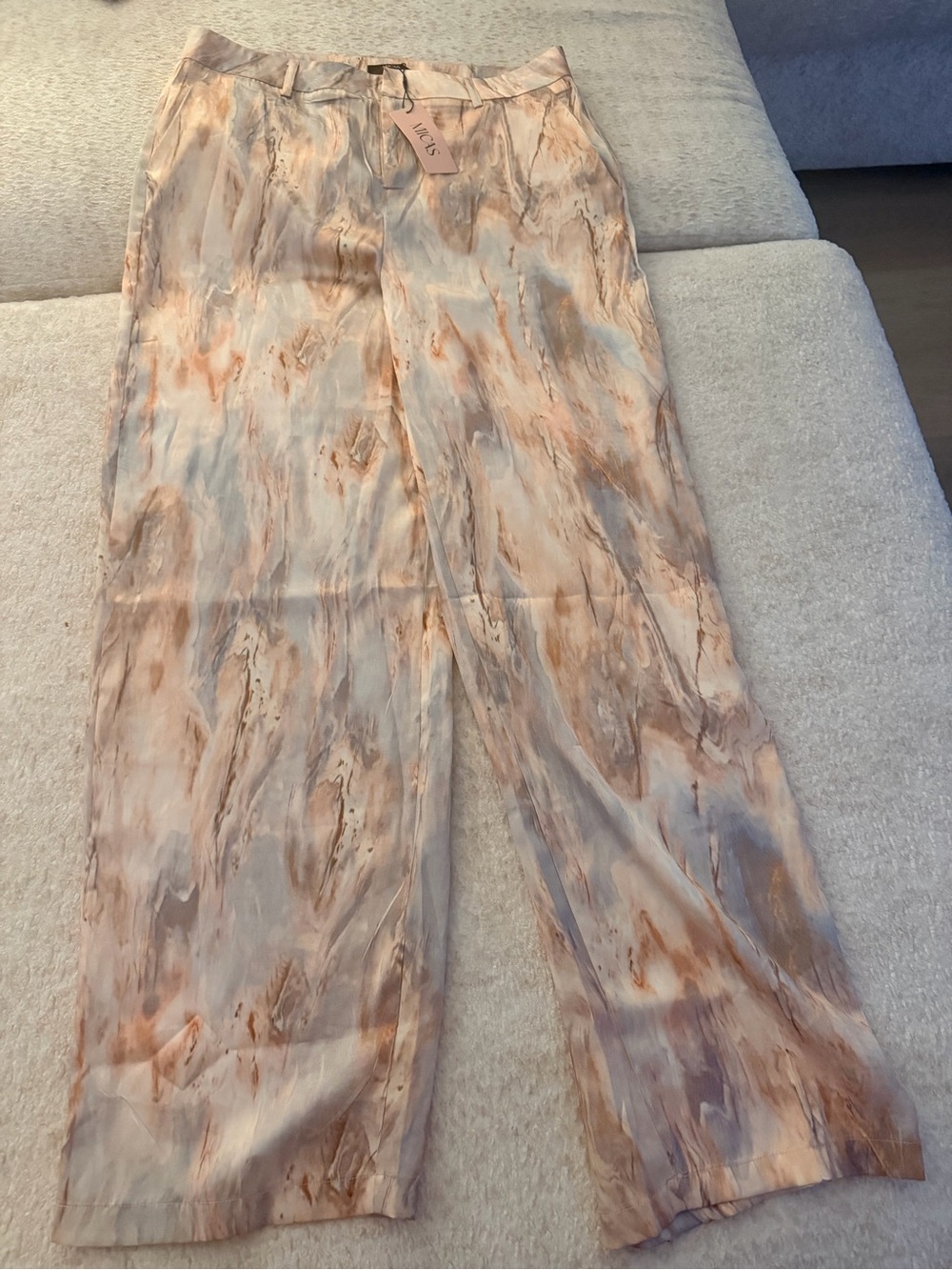 Wide Leg Marble-Print Pants in Beige & Taupe